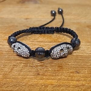 Adjustable bracelet rhinestone skull hematite beads black cord